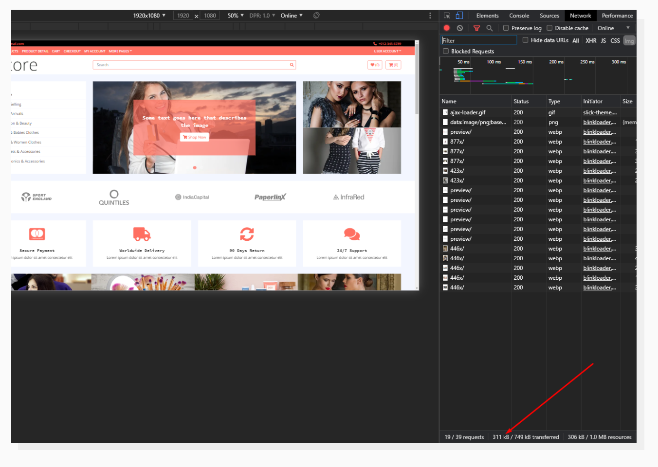 Chrome Dev Tools Network tab with Images filter
