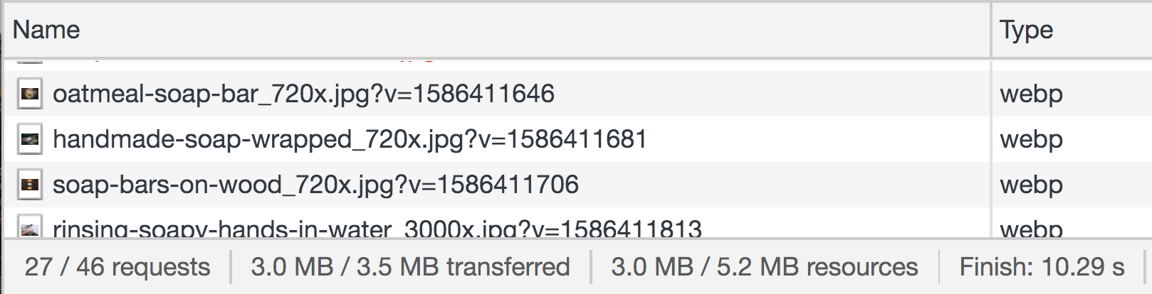 Shopify’s Debut theme with a total image size of 3.0 MB before the Shopify optimization