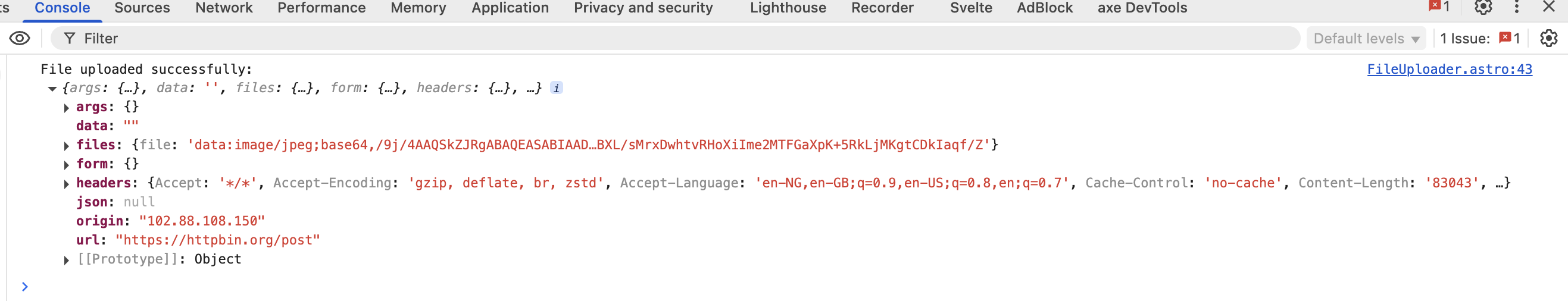 Astro file upload form logs
