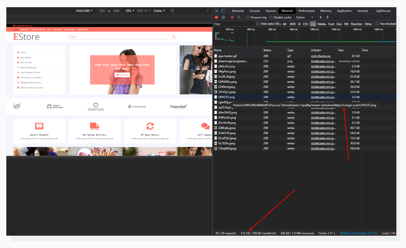 Chrome Dev Tools Network tab with Images filter