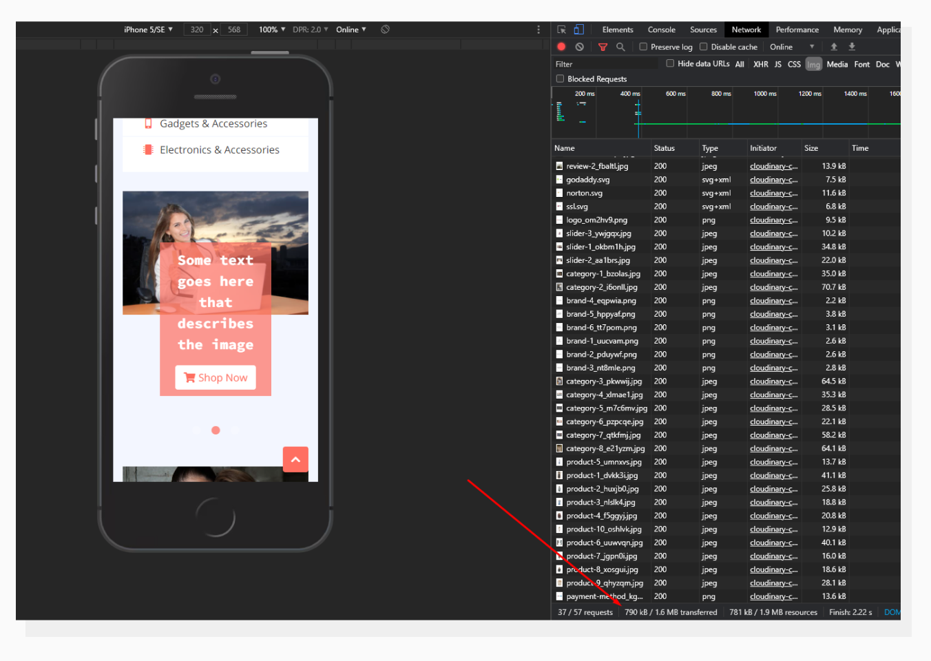 Chrome Dev Tools Network tab with Images filter on mobile