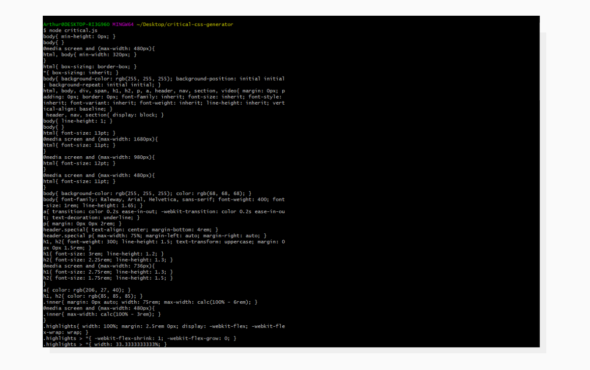 A screenshot demonstrating Critical CSS being written to the console