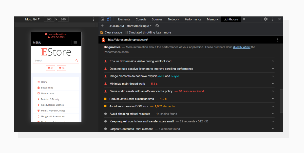 Diagnostic tab from Lighthouse report
