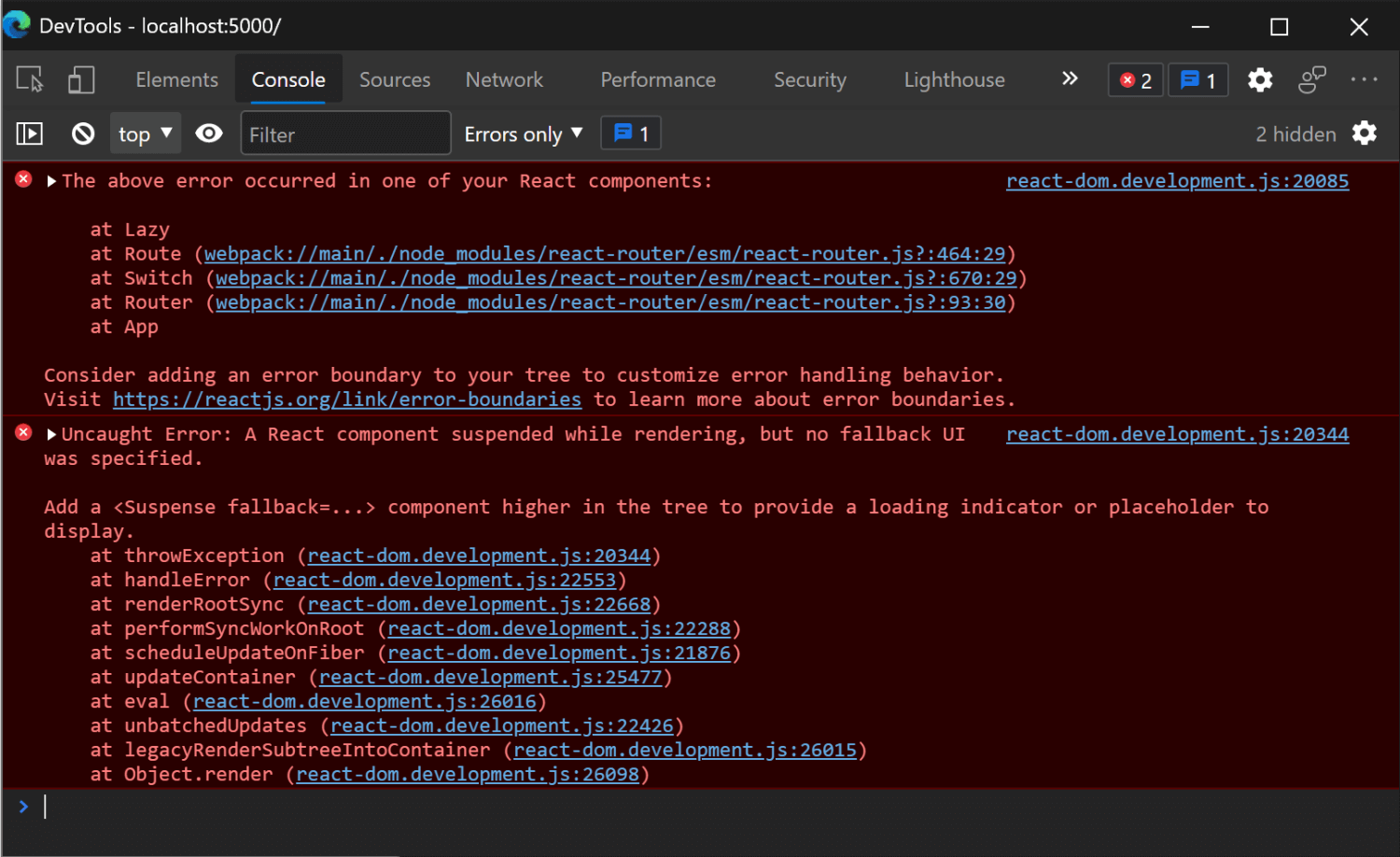 A bunch of errors in DevTools console saying that for lazy load we should use React.Suspense