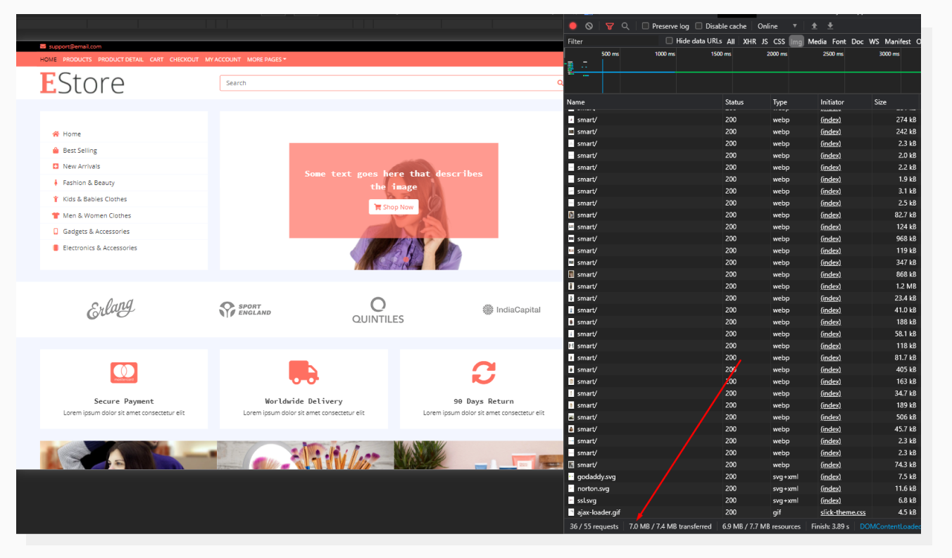 Chrome Dev Tools Network tab with Images filter