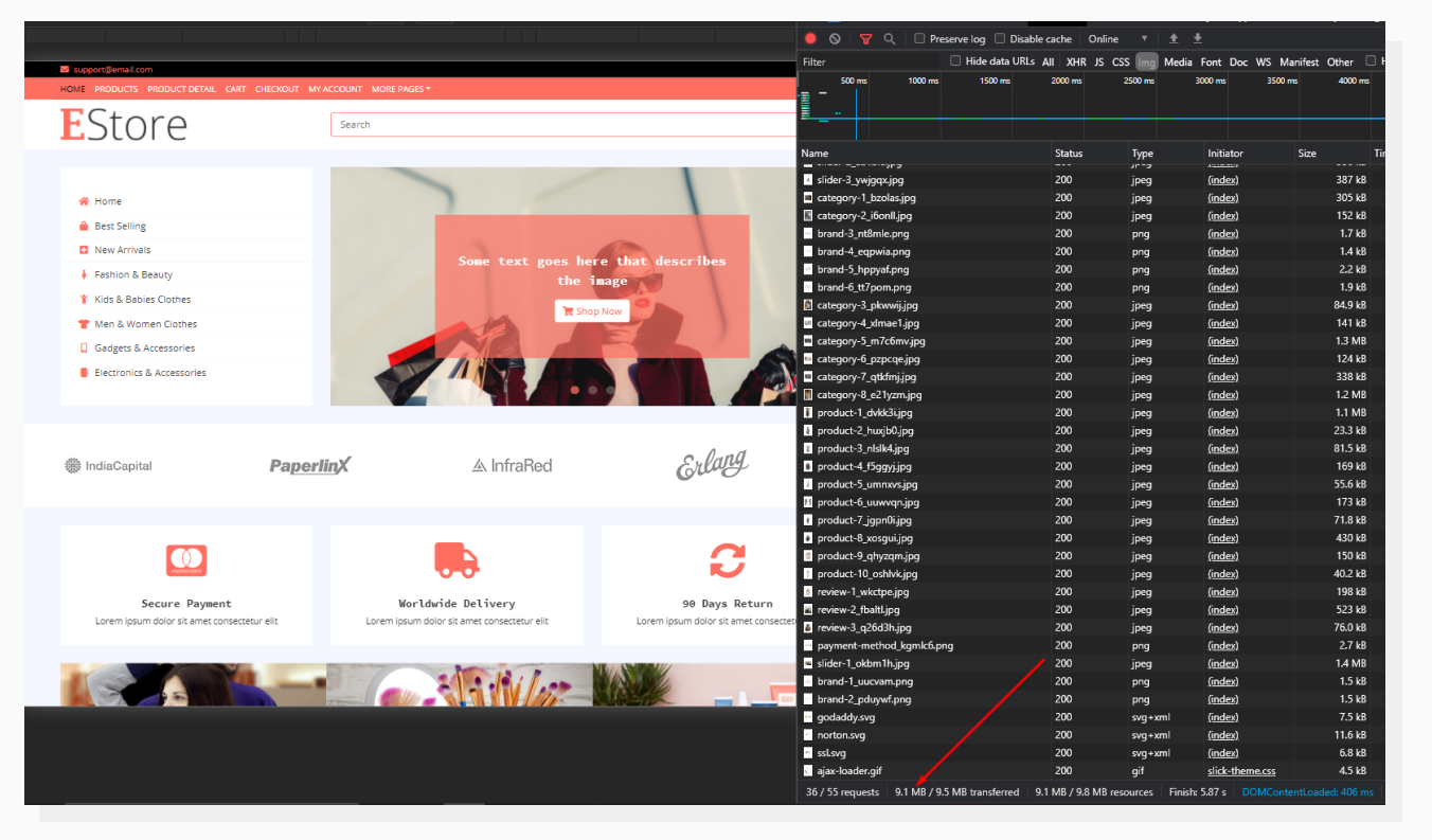 Chrome Dev Tools Network tab with Images filter