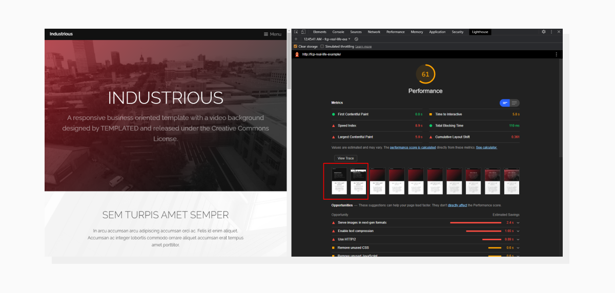 a screenshot demonstrating improvements in page loading screenshot timeline
