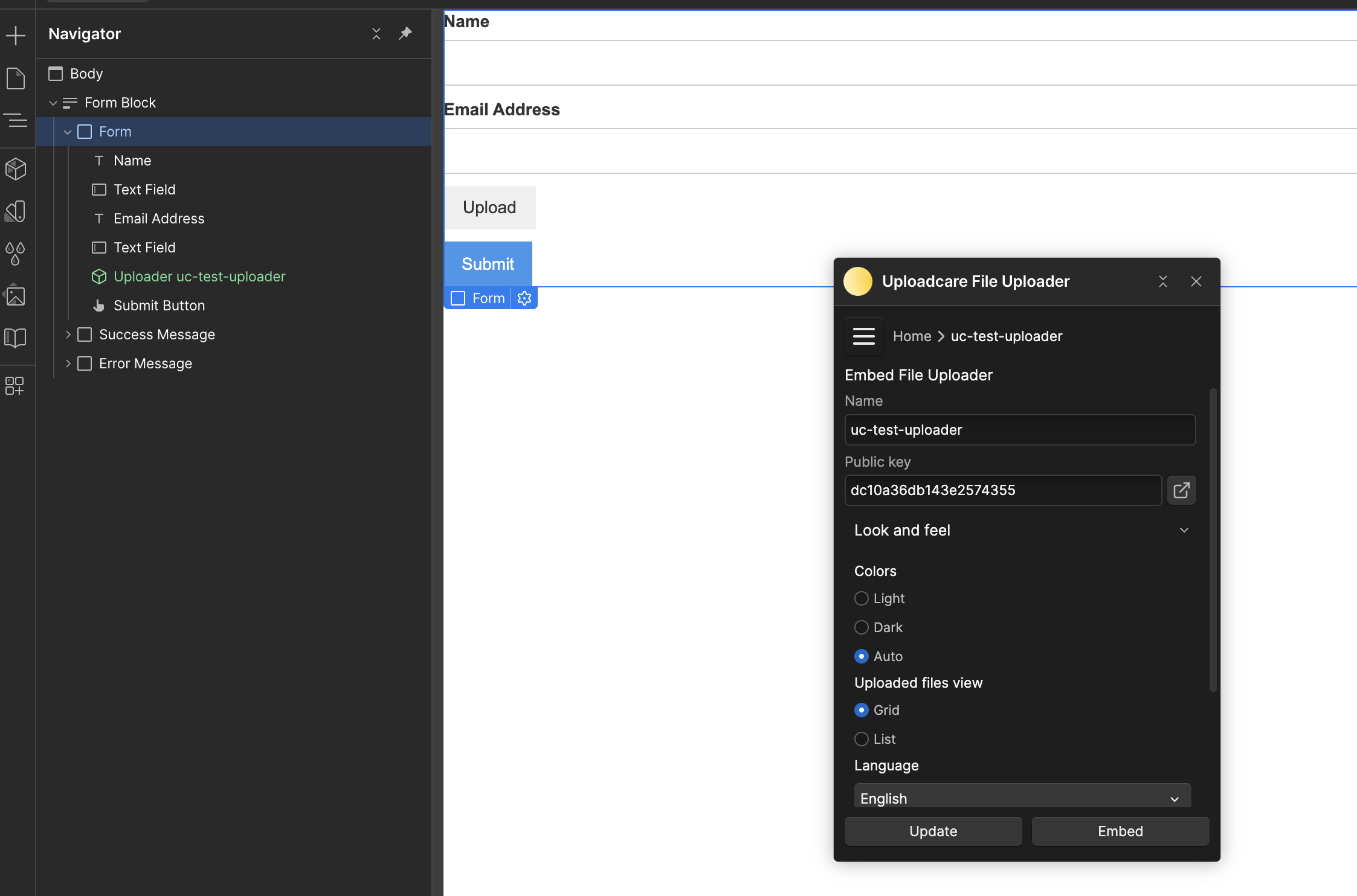 File Uploader settings modal in Webflow