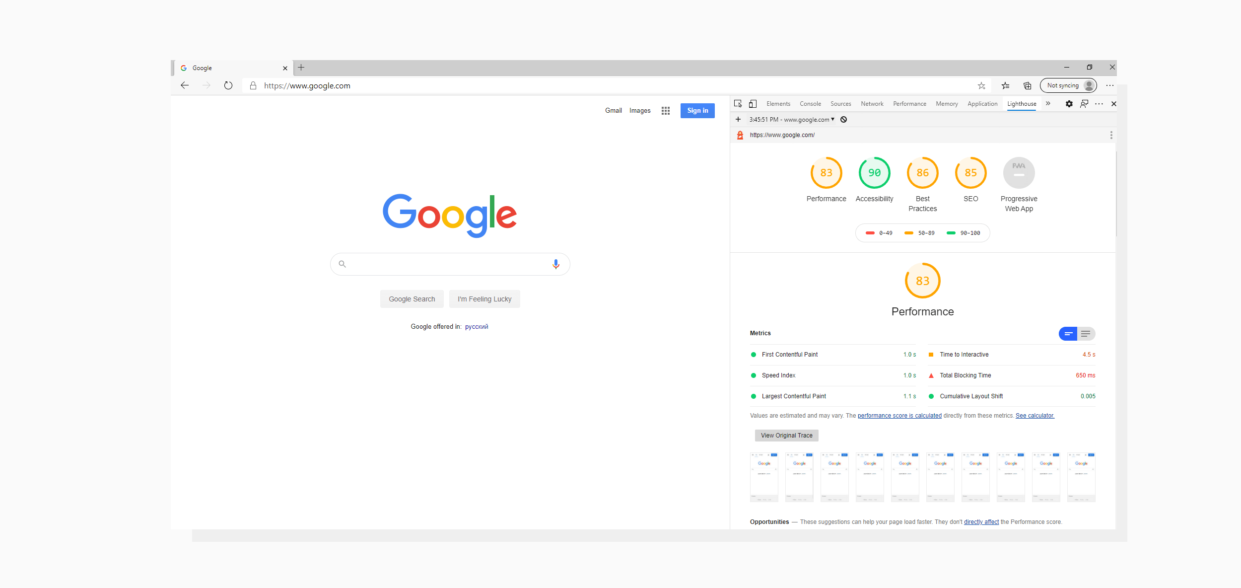 A screenshot of Google Lighthouse audit launched from Microsoft Edge browser