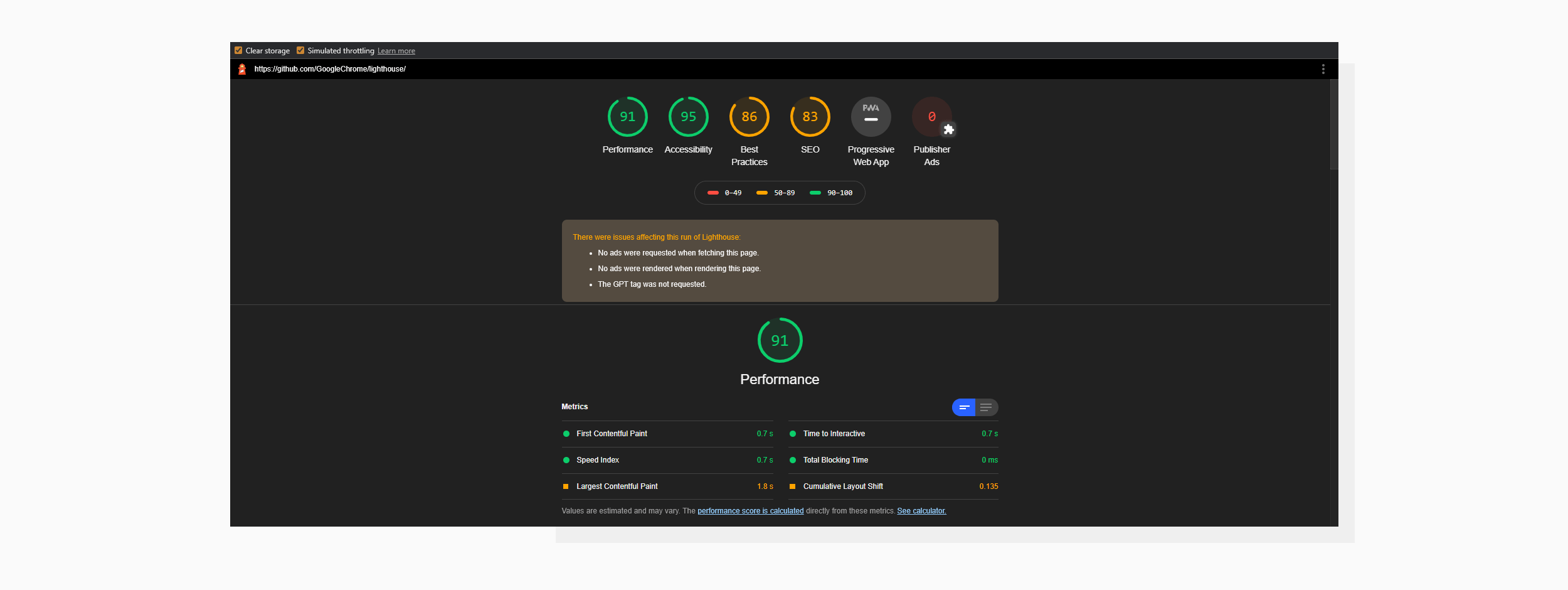 Google Lighthouse Report in Google Chrome